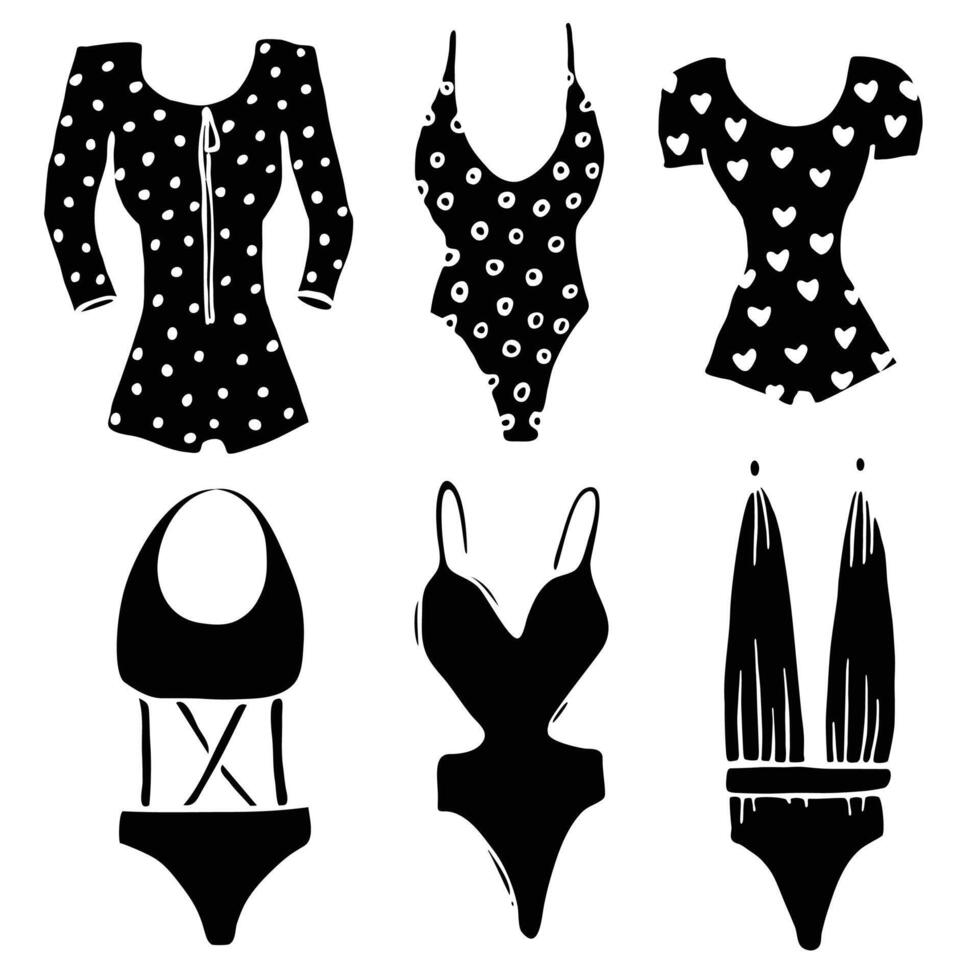 One-piece swimsuit icon collection. Simple black stylized shapes. Fashion clip art. Front, black and white vector