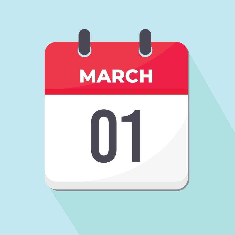 01 March Daily Calendar Icon 3d style red and white with light blue background vector