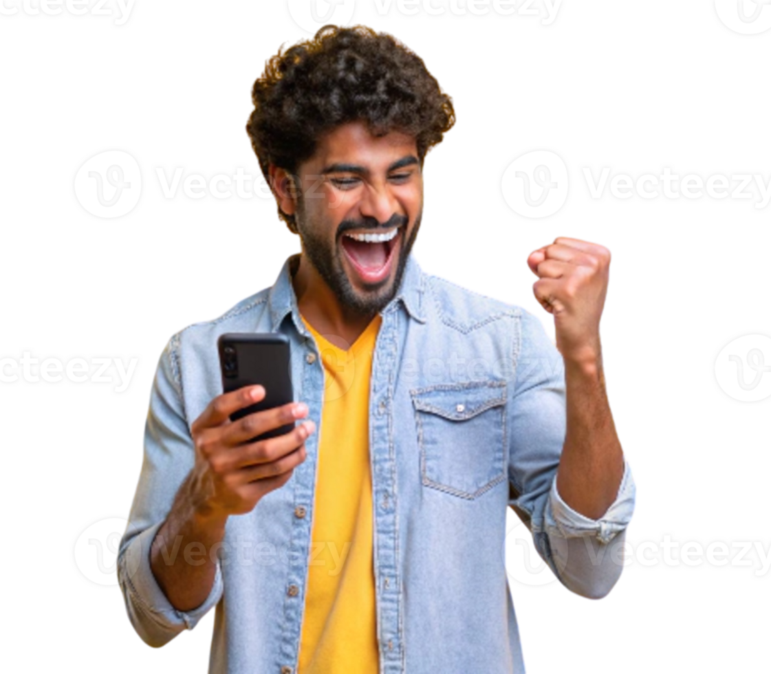 A man is holding his phone and cheering png
