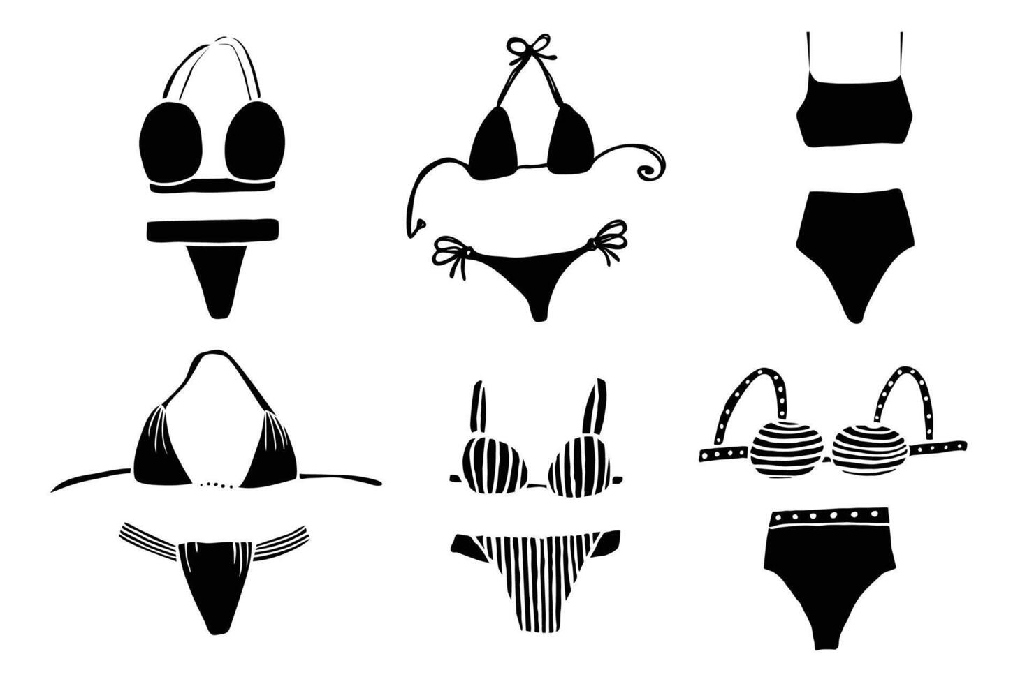 Two-piece bikini swimsuit icon collection. Simple black stylized shapes. Fashion doodle clip art. Front, black and white vector