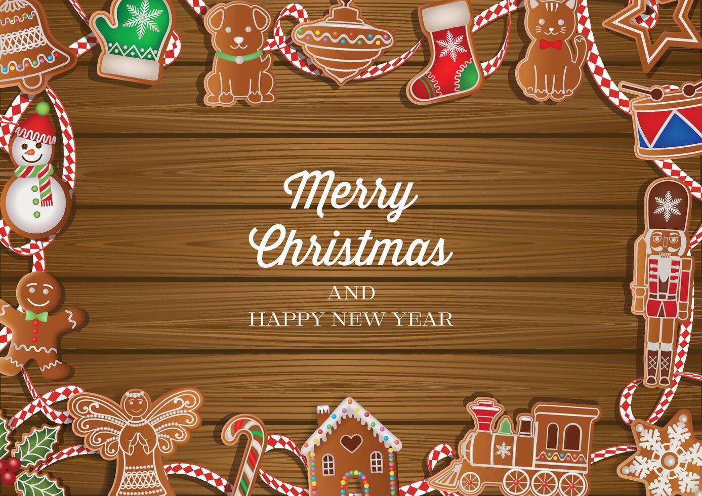 christmas poster with gingerbread cookies and white and red ribbon on wooden background vector