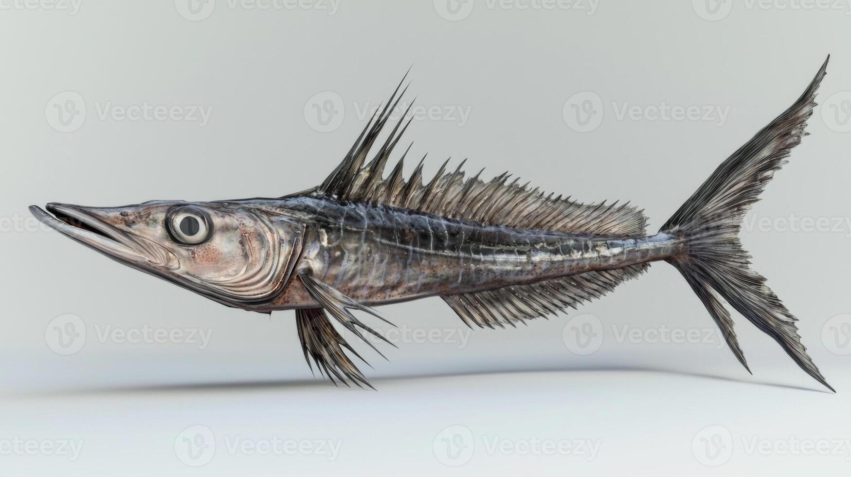 A Ropefish glides effortlessly through the water exhibiting its elongated body and distinct fins. Its striking appearance is highlighted against a bright white background. photo