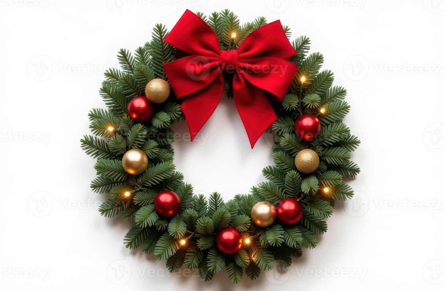 Festive Christmas wreath with red bow isolated on white background photo