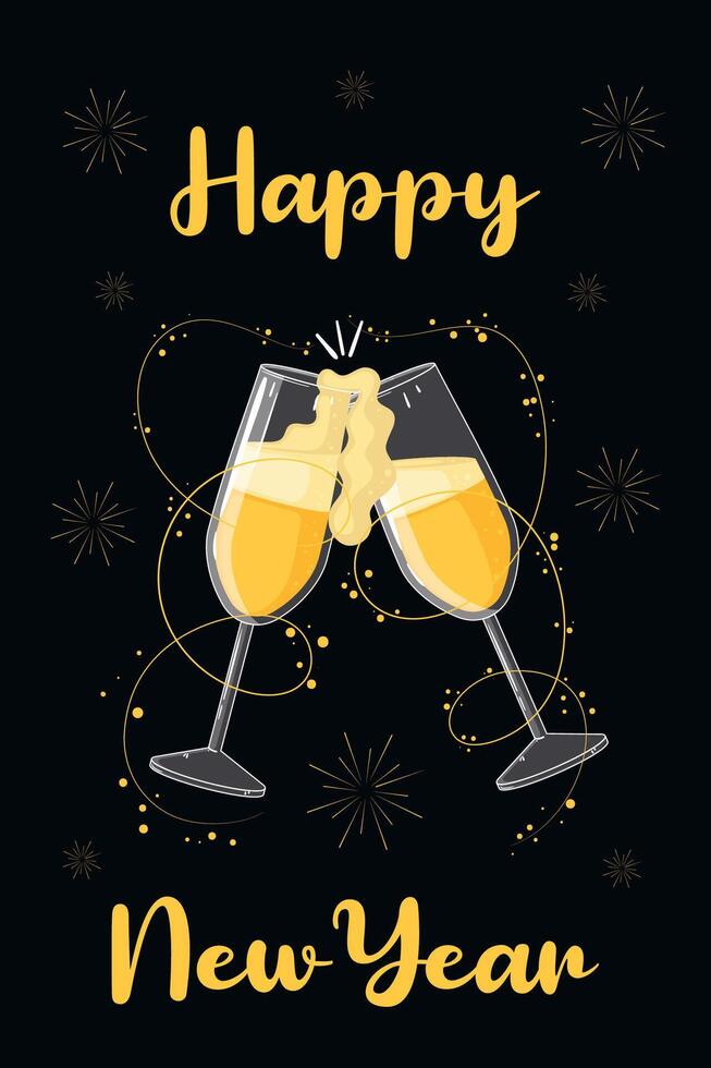 New Year champagne toast with bubbling glasses, vector