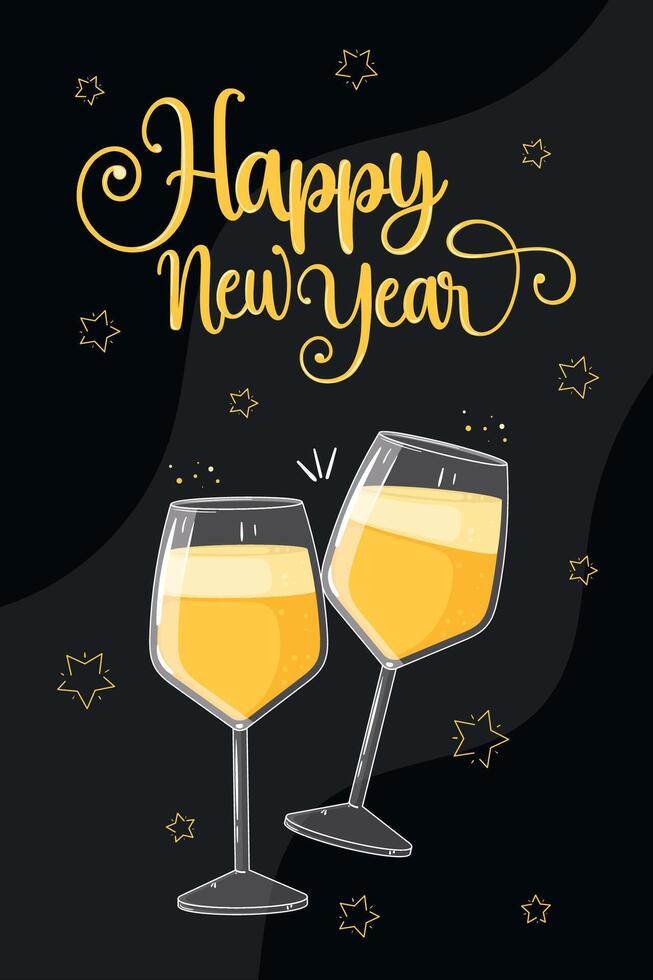 Happy New Year card with champagne glasses, vector