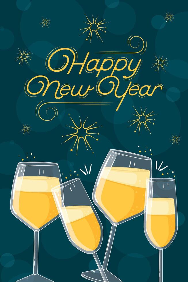 Happy New Year card with multiple champagne glasses, vector