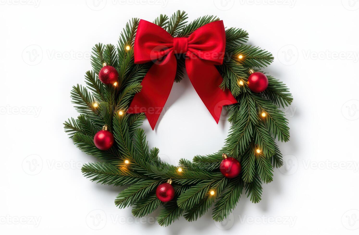 Festive Christmas wreath with red bow and balls on white background photo
