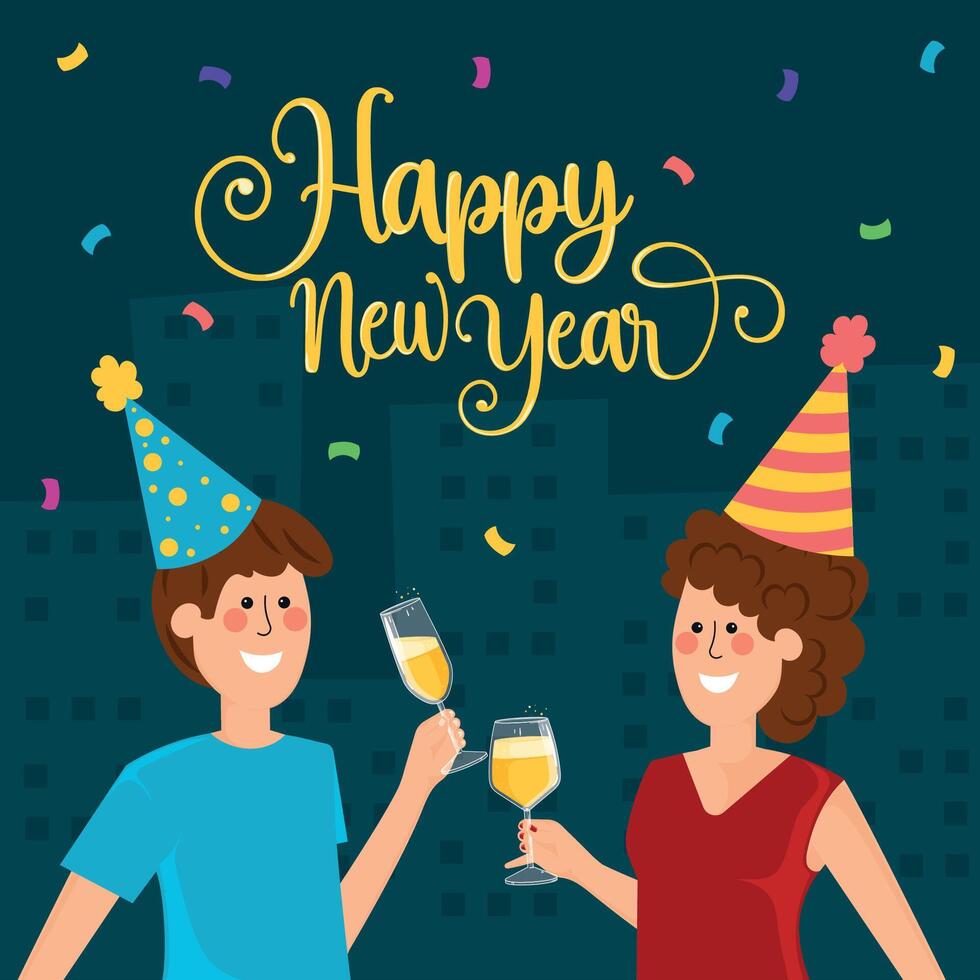 Happy New Year celebration with party hats and champagne, vector