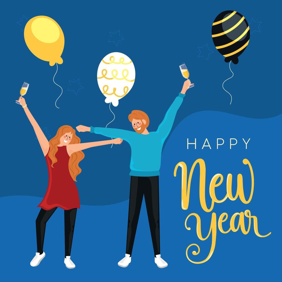 Happy New Year celebration with balloons and champagne, vector