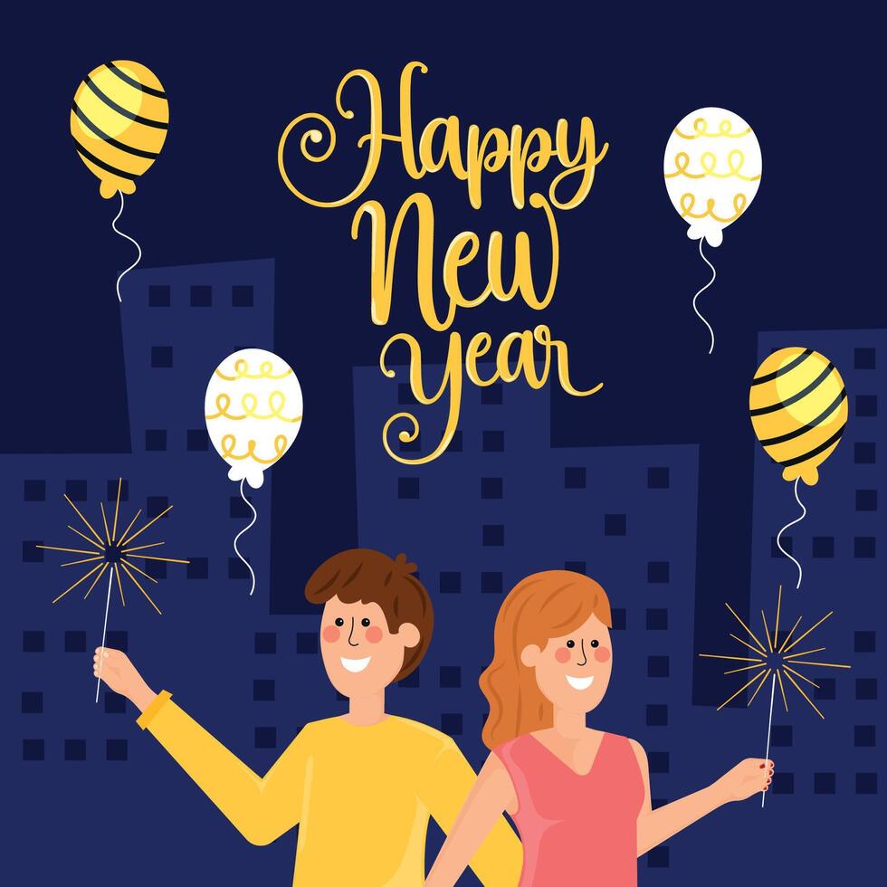 New Year celebration with couple holding sparklers, vector