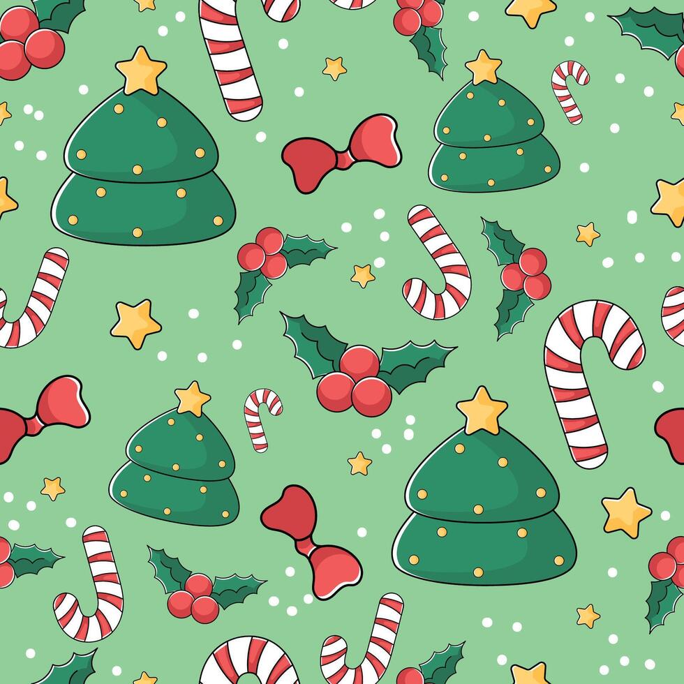 Christmas pattern with trees, candy canes, and holly berries, vector