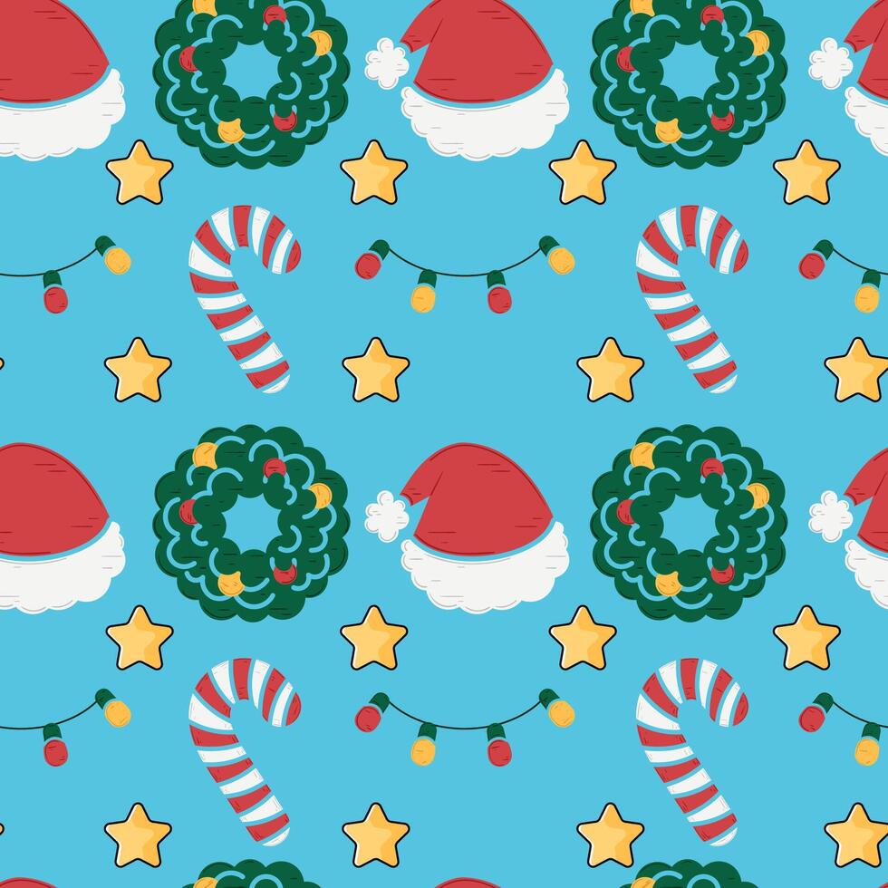 Christmas pattern with wreaths, stars, and candy canes, vector