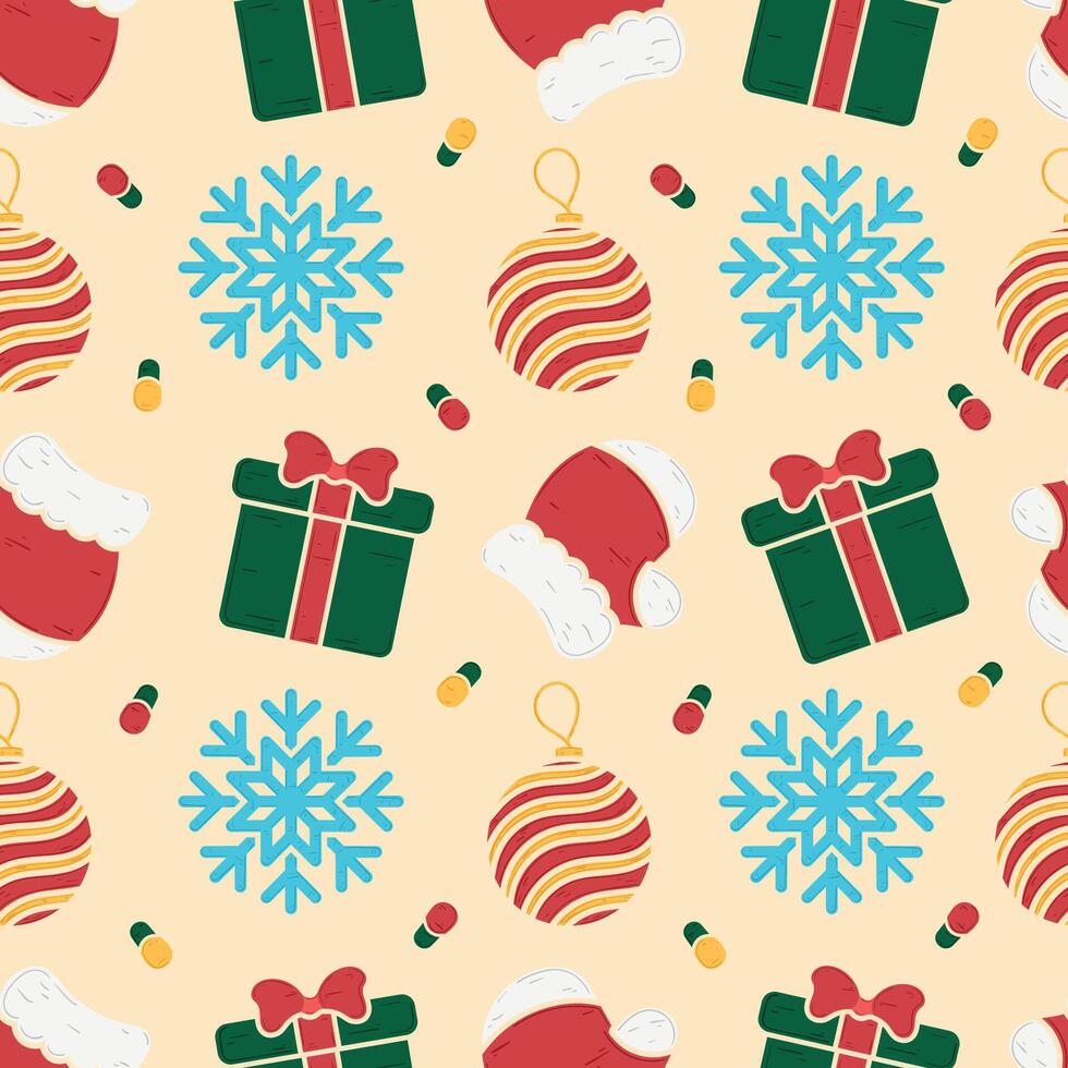 Christmas pattern with gift boxes, ornaments, and snowflakes, vector