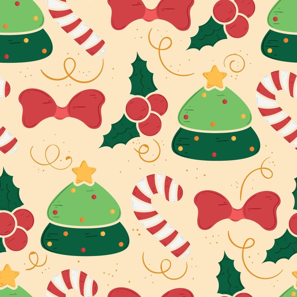 Holiday pattern with bows, trees, and holly berries, vector