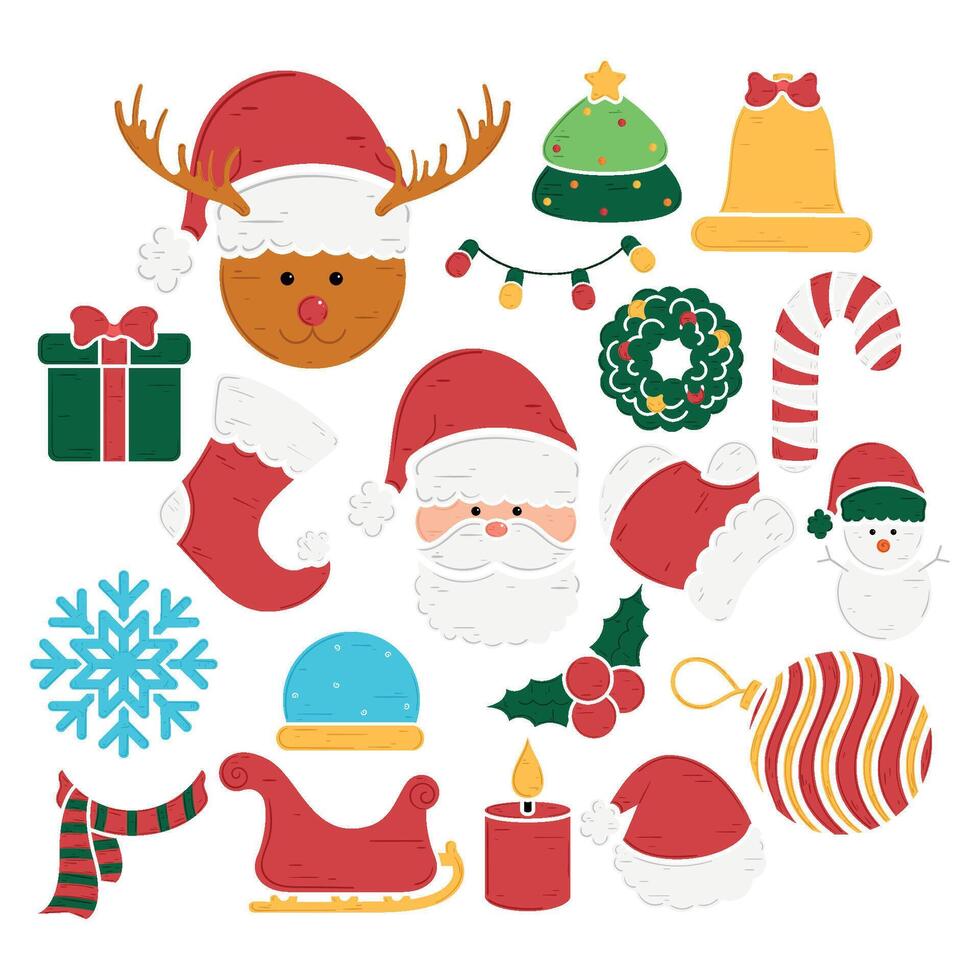 Christmas symbols collection with Santa, snowman, and wreath, vector
