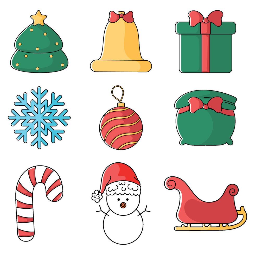 Christmas icons set with tree, bell, and snowman, vector