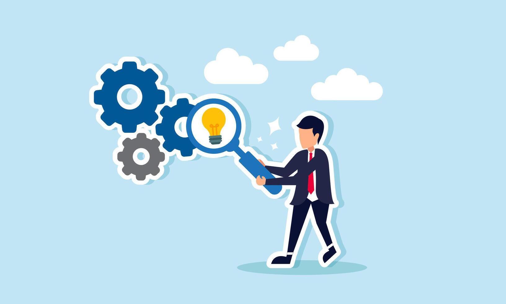 A businessman examines machine gears with a magnifying glass labeled with a light bulb, illustration of monitoring and evaluating if innovations and ideas are still relevant vector
