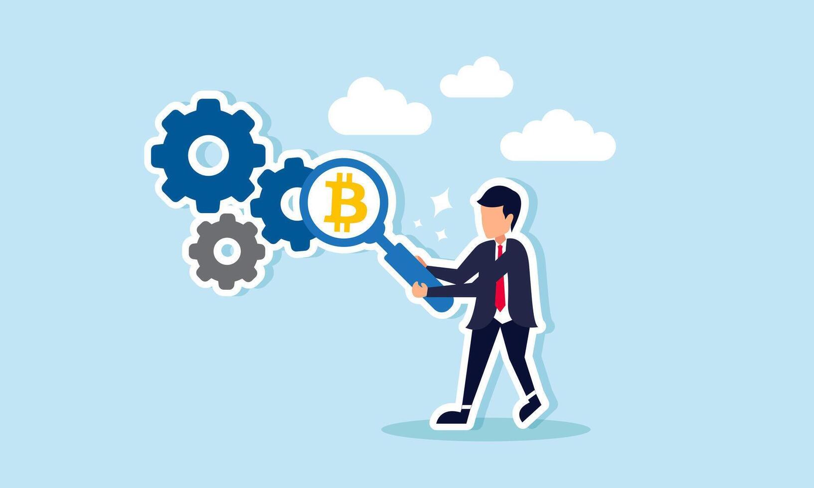 A businessman examining a machine gear with a magnifying glass labeled bitcoin, illustration of monitoring and evaluation of bitcoin asset performance vector
