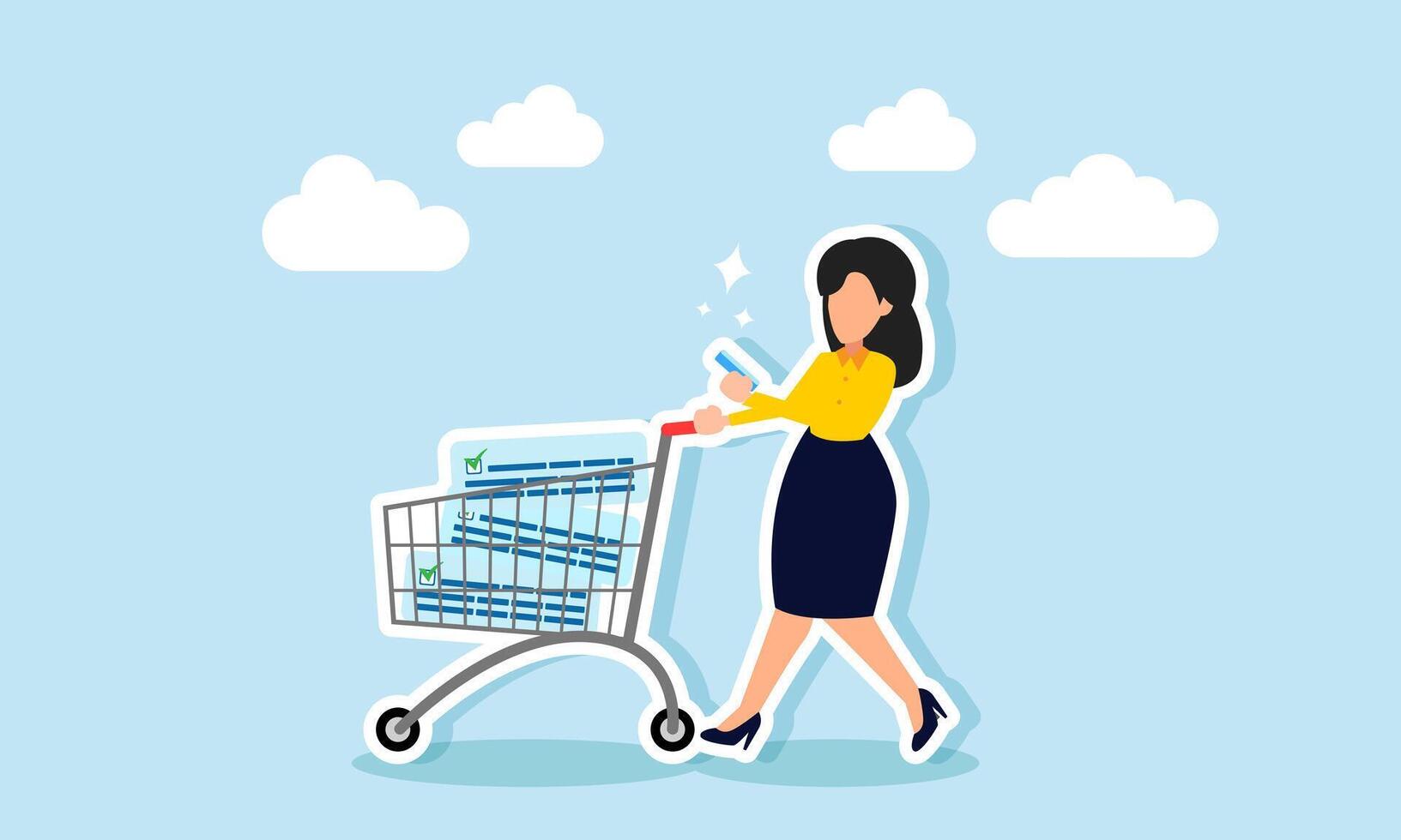 A businesswoman playing on her phone while pushing a trolley filled with checklists, illustration of enjoying the results of business performance after completing tasks vector