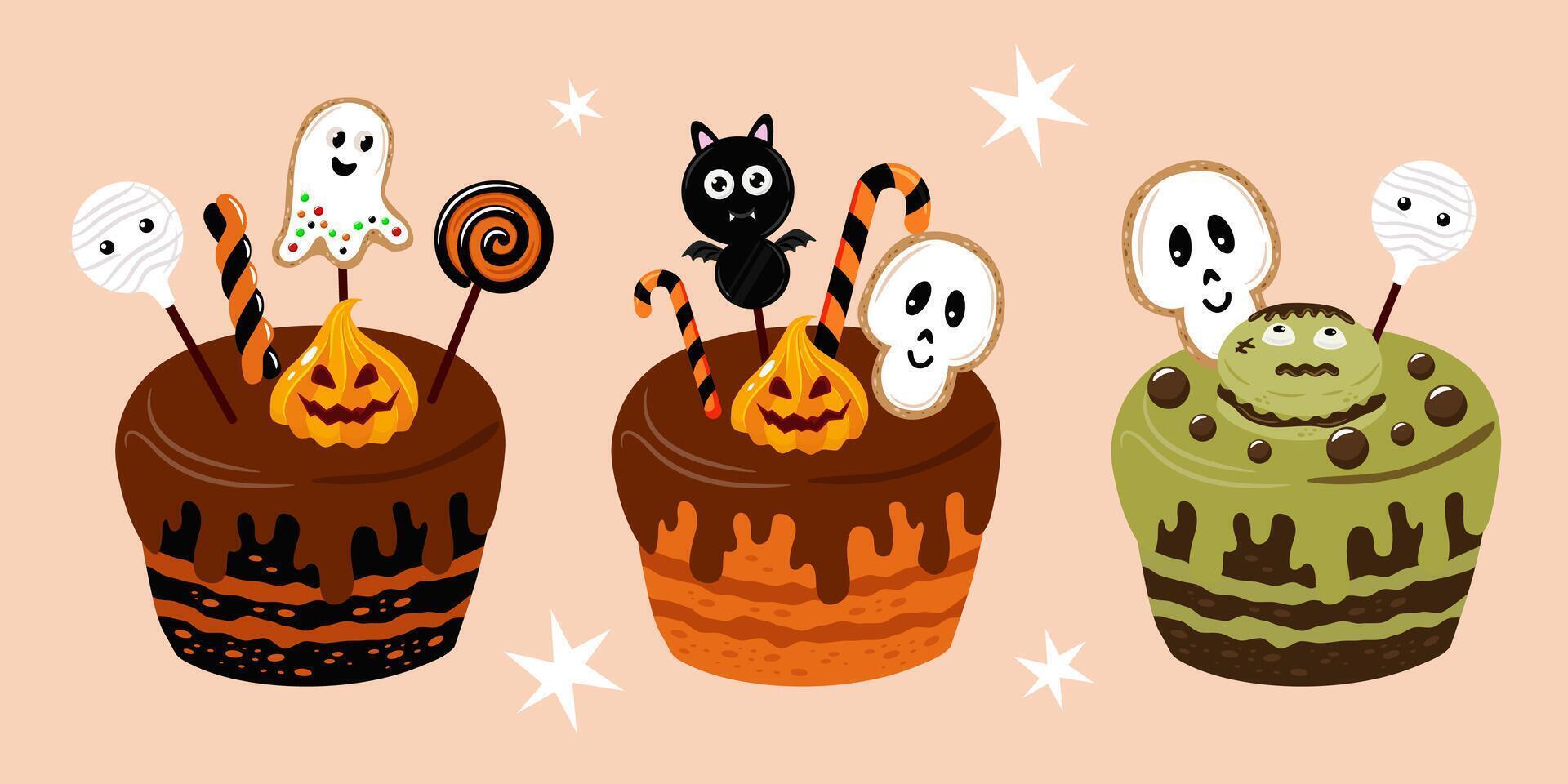 Set of Halloween cakes. Cake decoration lollipop, marmalade, cookie in the shape of scary characters. Cute ghost, scull, pumpkin, bat, etc. vector