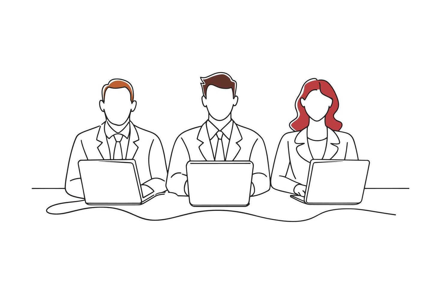 Business professionals seated at a table, collaborating with a laptop in front of them isolated continuous line art flat illustration on white background.. vector
