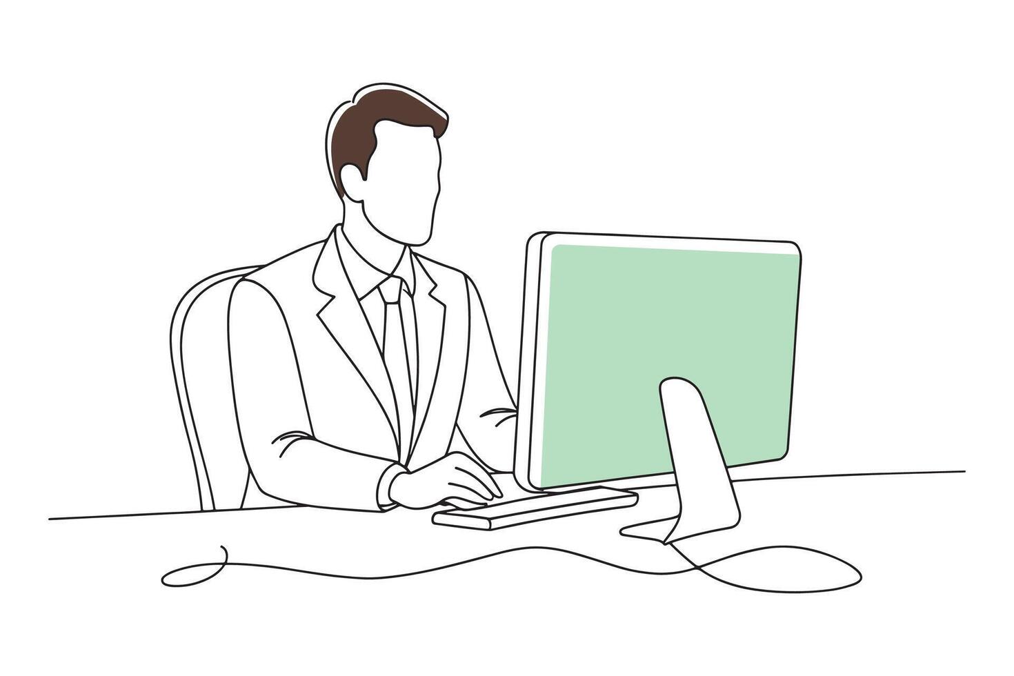 Man in a suit at a desk, engaged with a computer screen isolated continuous line art flat illustration on white background vector