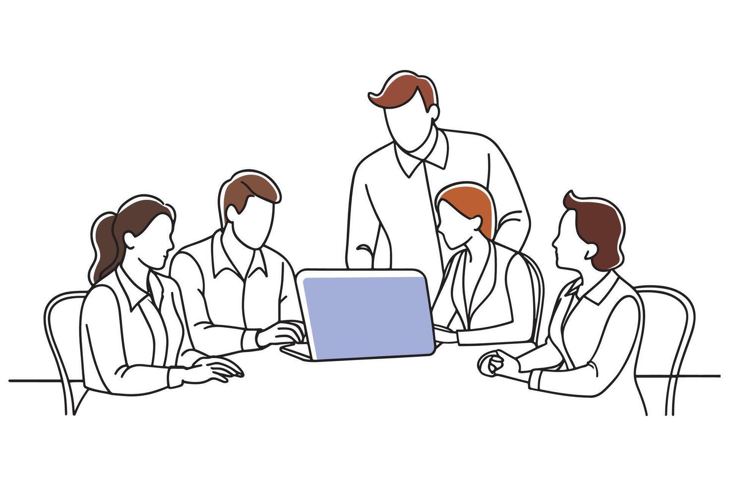People gathered around a table in an office environment isolated continuous line art flat illustration on white background. vector