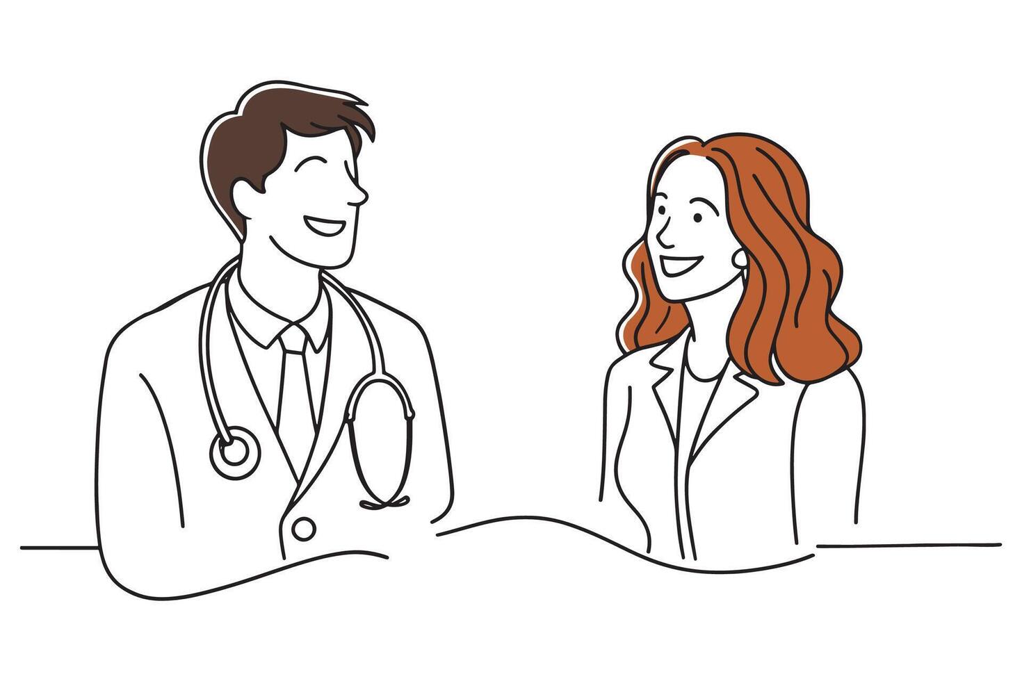 Smiling woman speaking with her doctor, capturing a moment of friendly communication isolated continuous line art flat illustration on white background vector