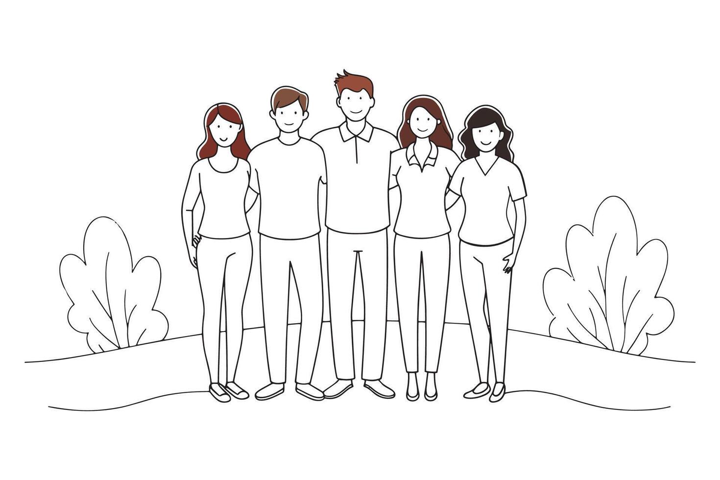 Group of friends standing together in a field, showcasing camaraderie and connection isolated continuous line art flat illustration on white background. vector