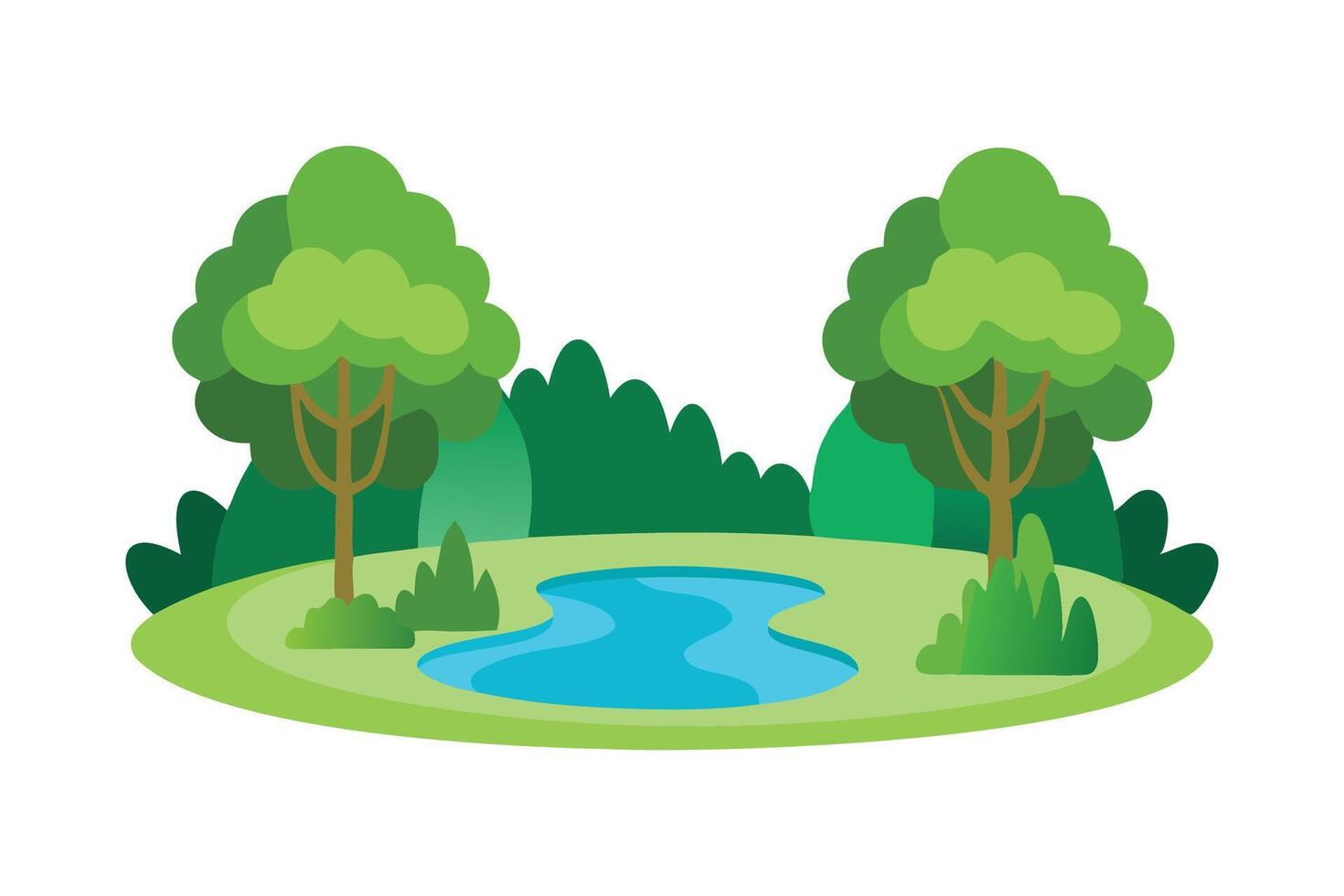 Forest landscape featuring a tranquil pond surrounded by lush trees isolated flat illustration on white background. vector