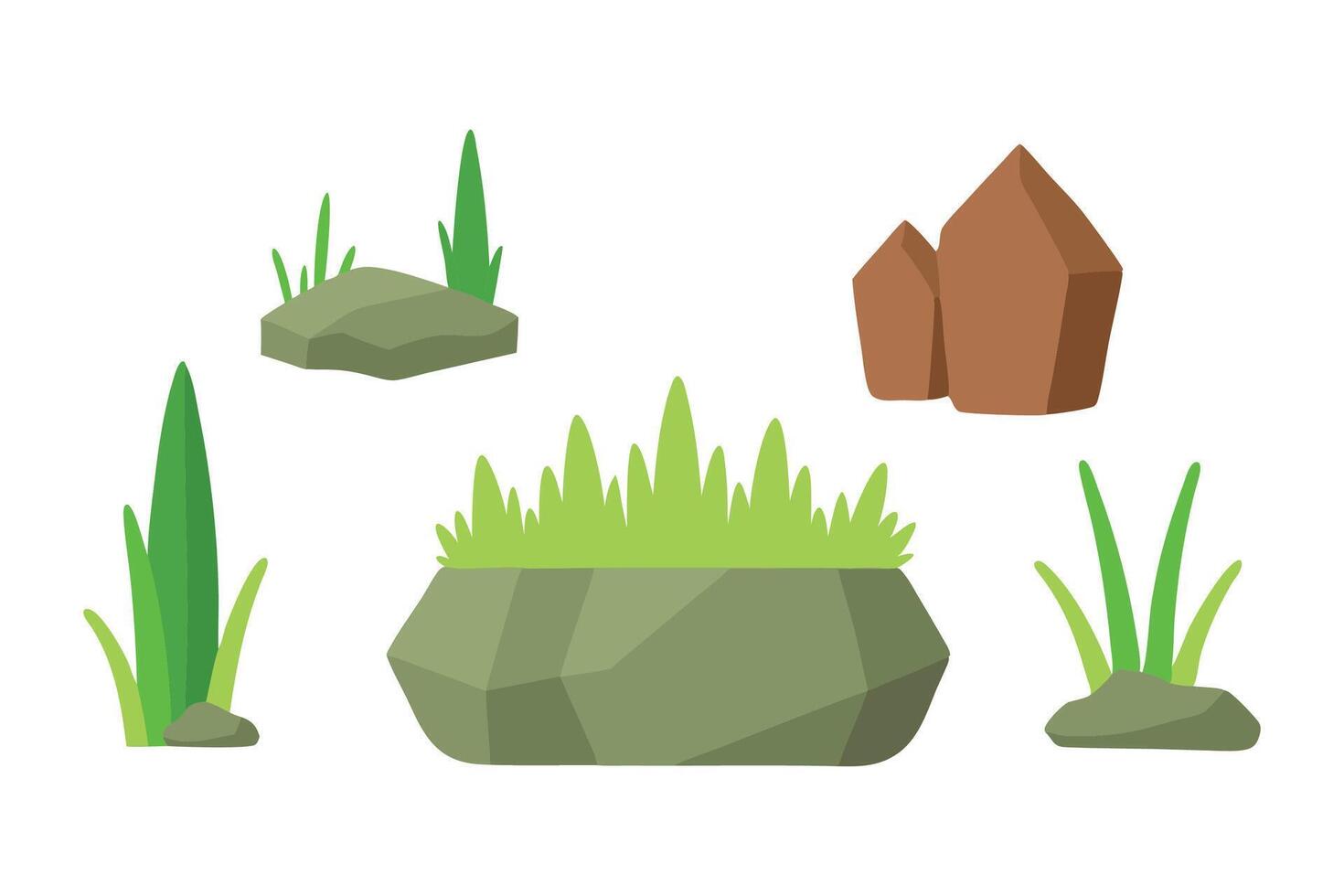 grass growing on a rock set isolated flat illustration white background. vector
