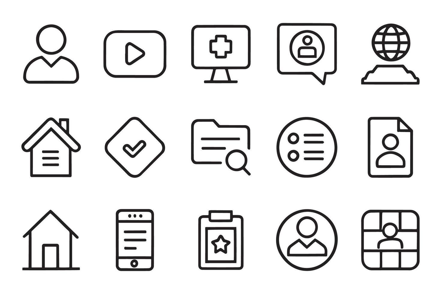 User, profile, message, mobile app, document file, social media, button, home, chat, arrow related editable icon set isolated flat illustration white background vector