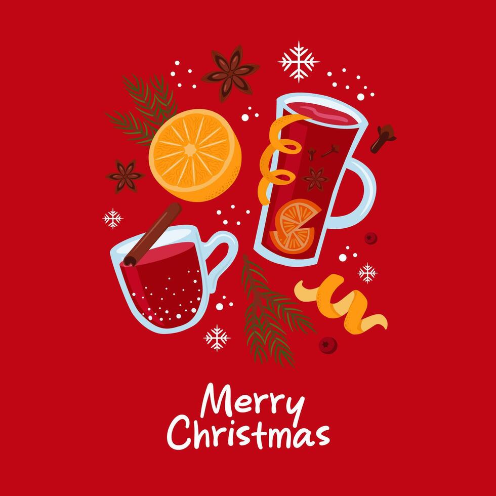 Stock christmas card. Mulled wine in glass, mug, orange, spices on red background. vector