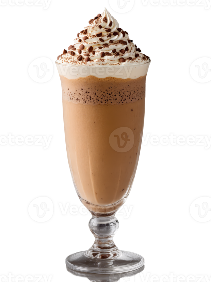Greek Frappe in tall glass topped with foam and sprinkle of cocoa powder png