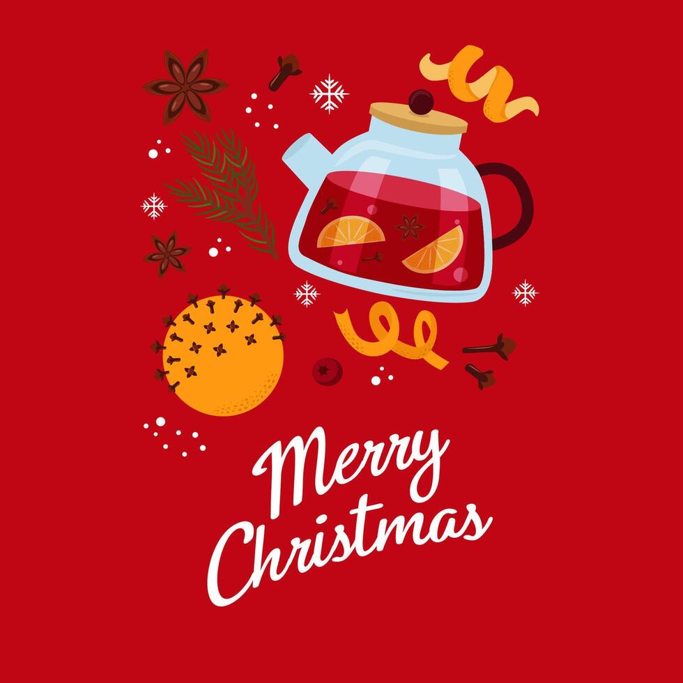 Stock Christmas card. Mulled wine, orange, spices, teapot on red background. vector