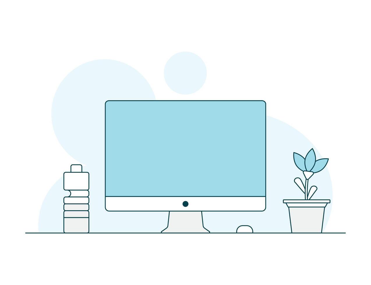 Realistic computer monitor blank display screen with flower pot and water bottle. pc, desktop, monitor, laptop flat illustration vector