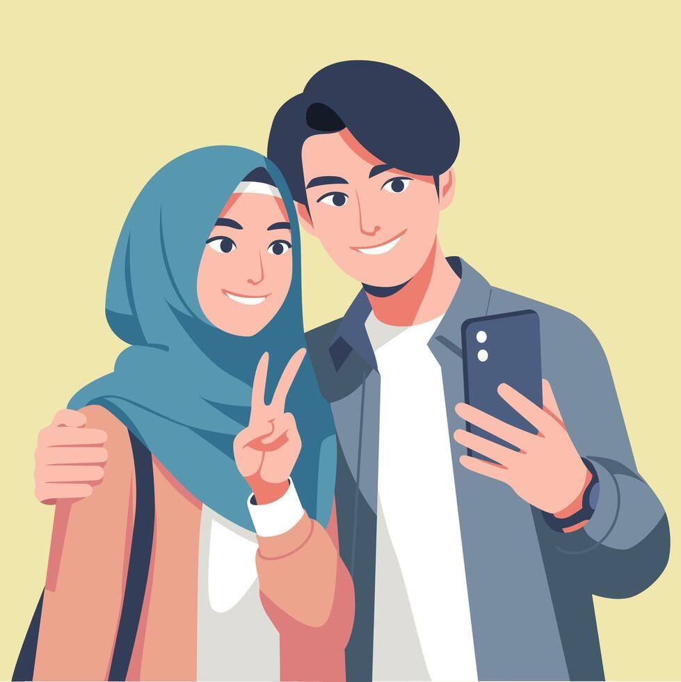 Asian couple taking selfie vector