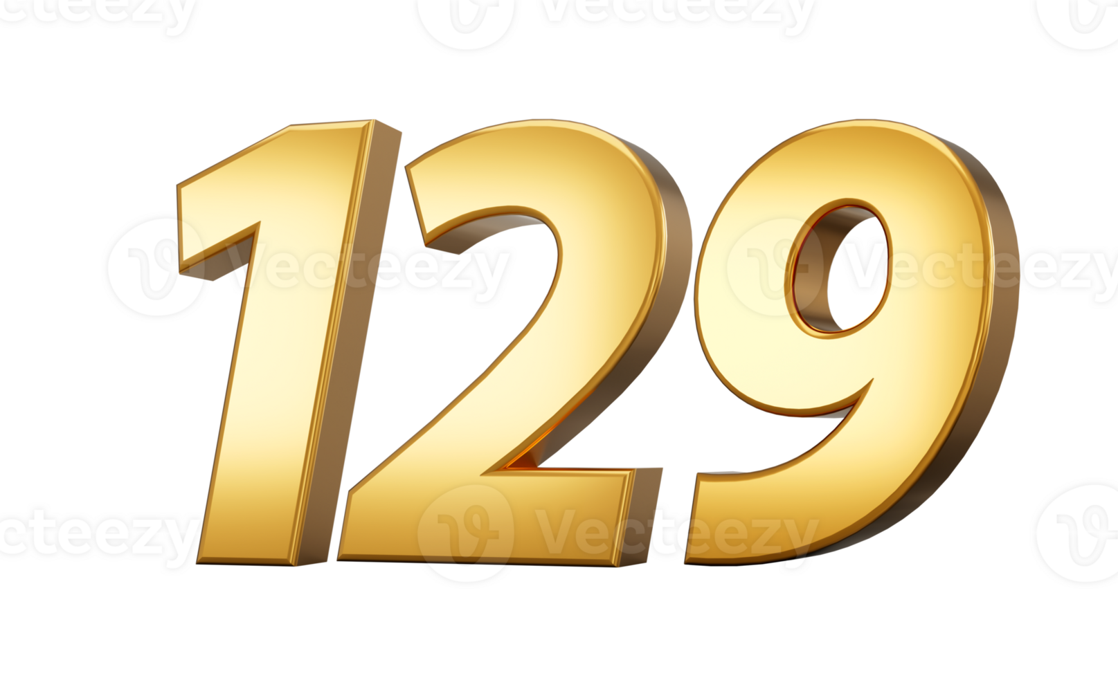 3d number 129 one hundred twenty nine one Gold text 3d illustration png