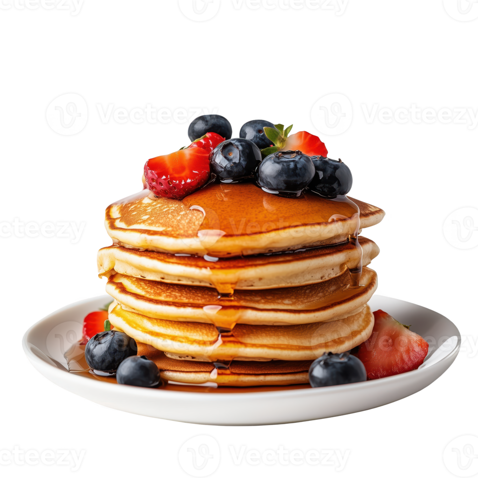 Stack of fluffy pancakes topped with fresh berries and syrup on a white plate. isolated on transparent background png