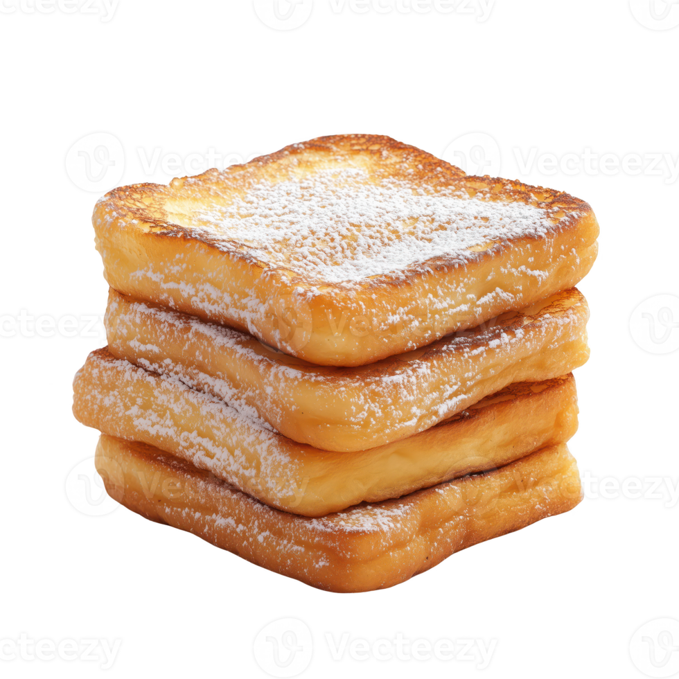 Delicious stack of fried dough pastries dusted with powdered sugar isolated on transparent background. png