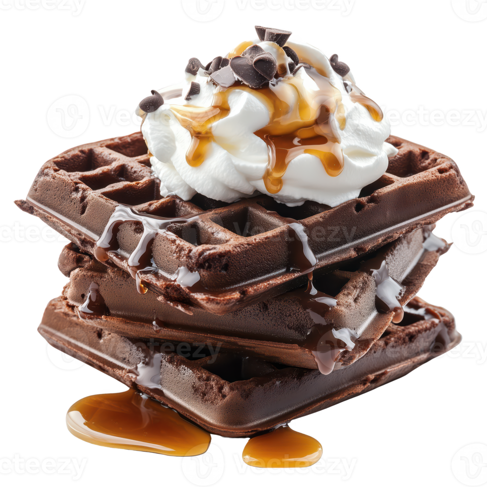 Delicious stacked chocolate waffles with whipped cream and syrup, isolated on transparent background. png