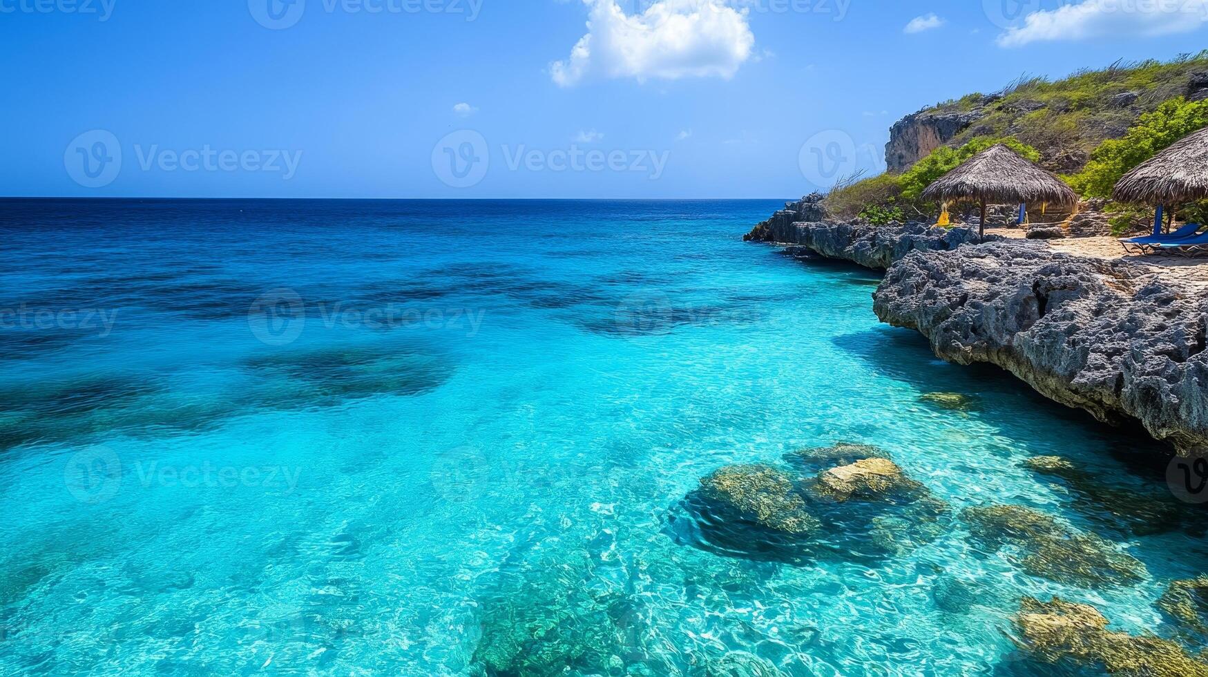 Stunning tropical ocean view with clear blue waters and rocky cliffs, perfect for a serene escape photo