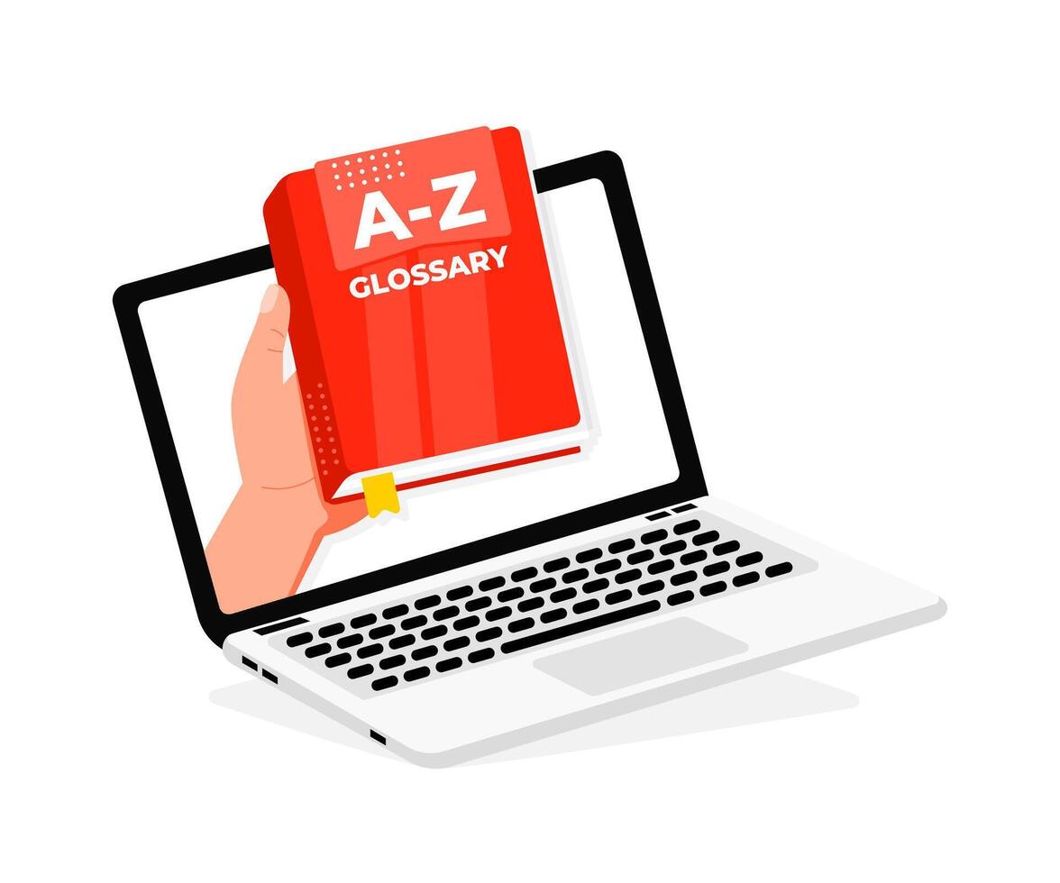 Hand holding glossary book coming out of laptop screen vector