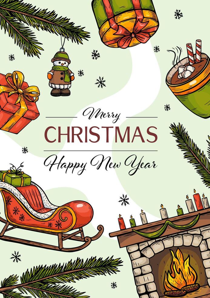 Merry Christmas and New Year card, vintage style sketch, engraving vector