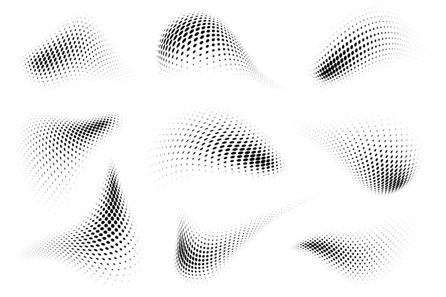 Set of abstract curved liquid shapes with halftone dotted texture on white background. Graphic elements with fluid waves effect and spray gradient vector