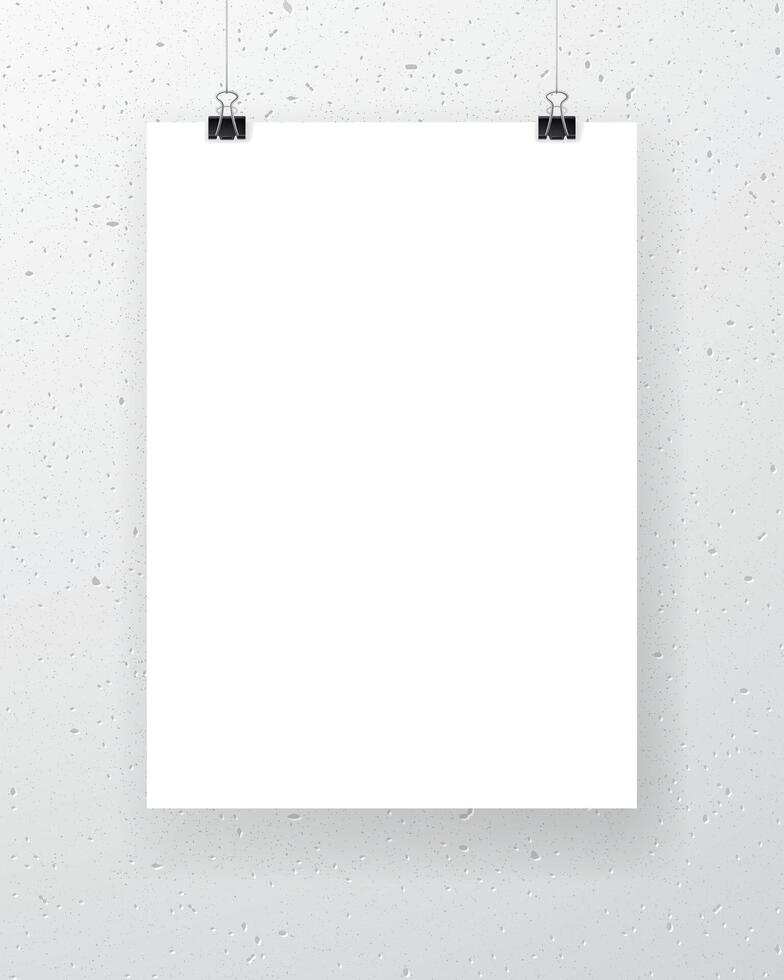 Blank paper sheet hanging on binder clips with white textured wall on background. Vertical poster template for advertising design, party invitation, business presentation. Realistic mockup vector