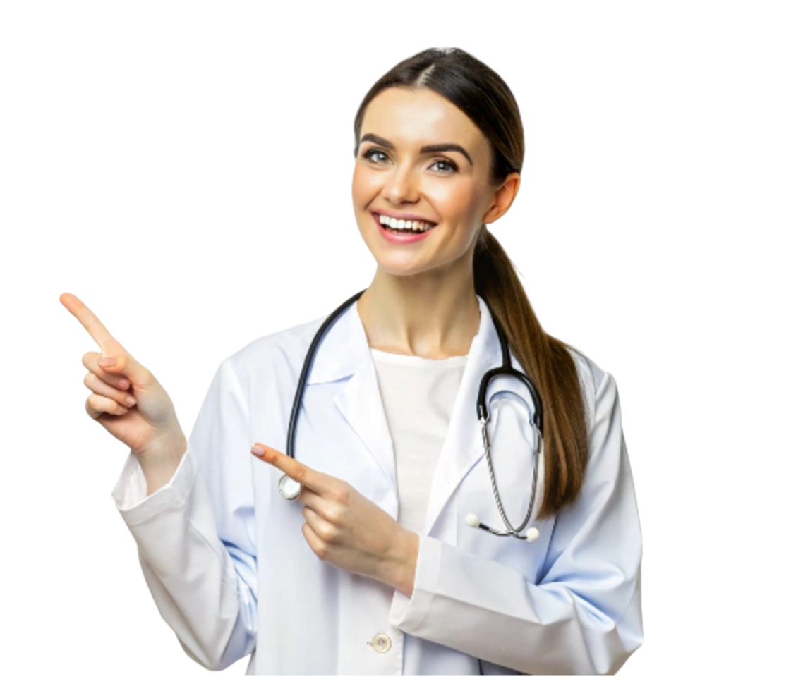 Smiling medical professional pointing with confidence png