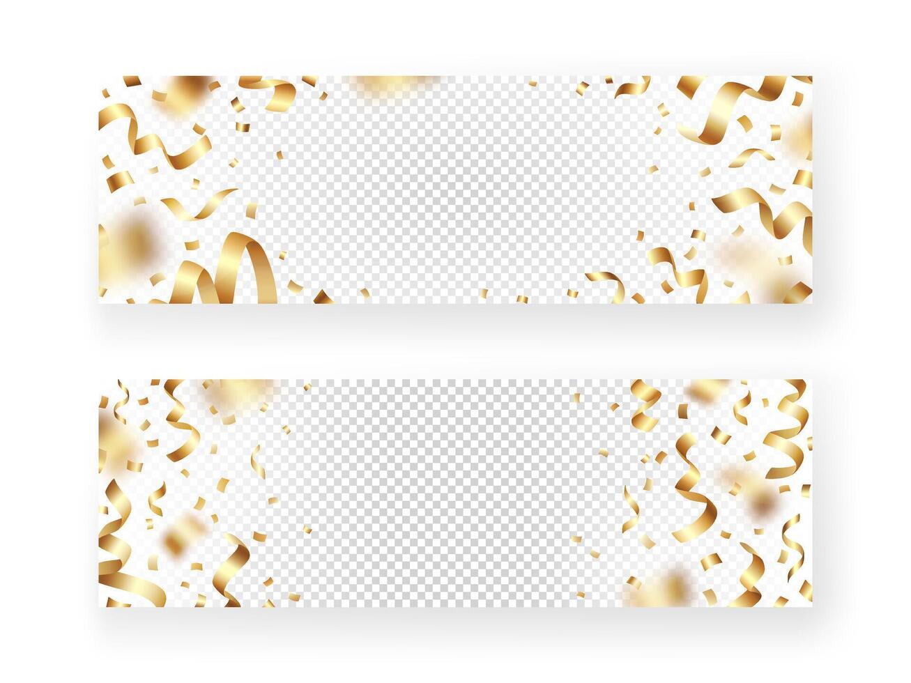 Festive set of banner templates with shiny gold foil confetti and tinsels on a transparent background. Suitable for holiday poster, Christmas greeting card, wedding or birthday party invitation vector