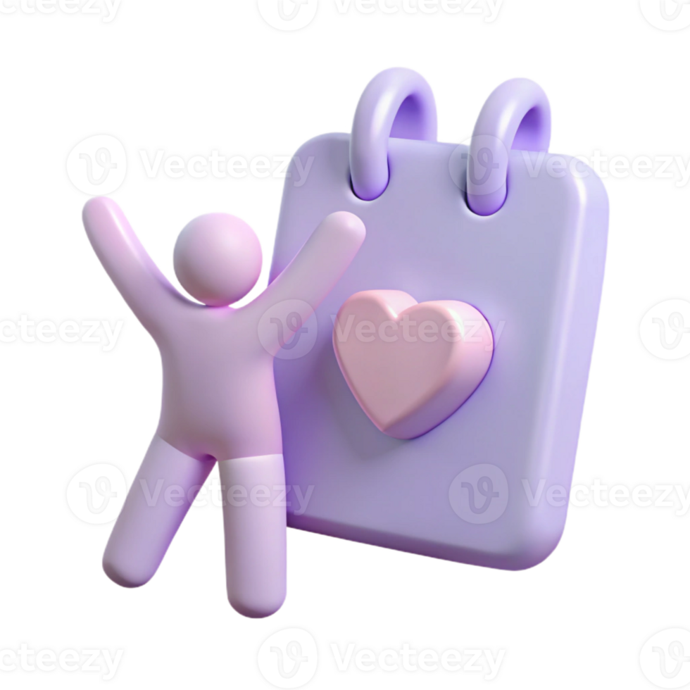3D Rendered Illustration of a Happy Character with a Heart on a Calendar png