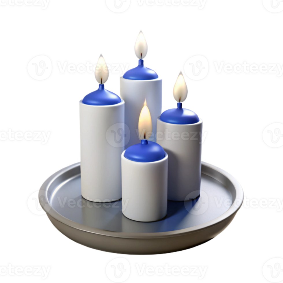 Four White Candles with Blue Tops on a Silver Tray png